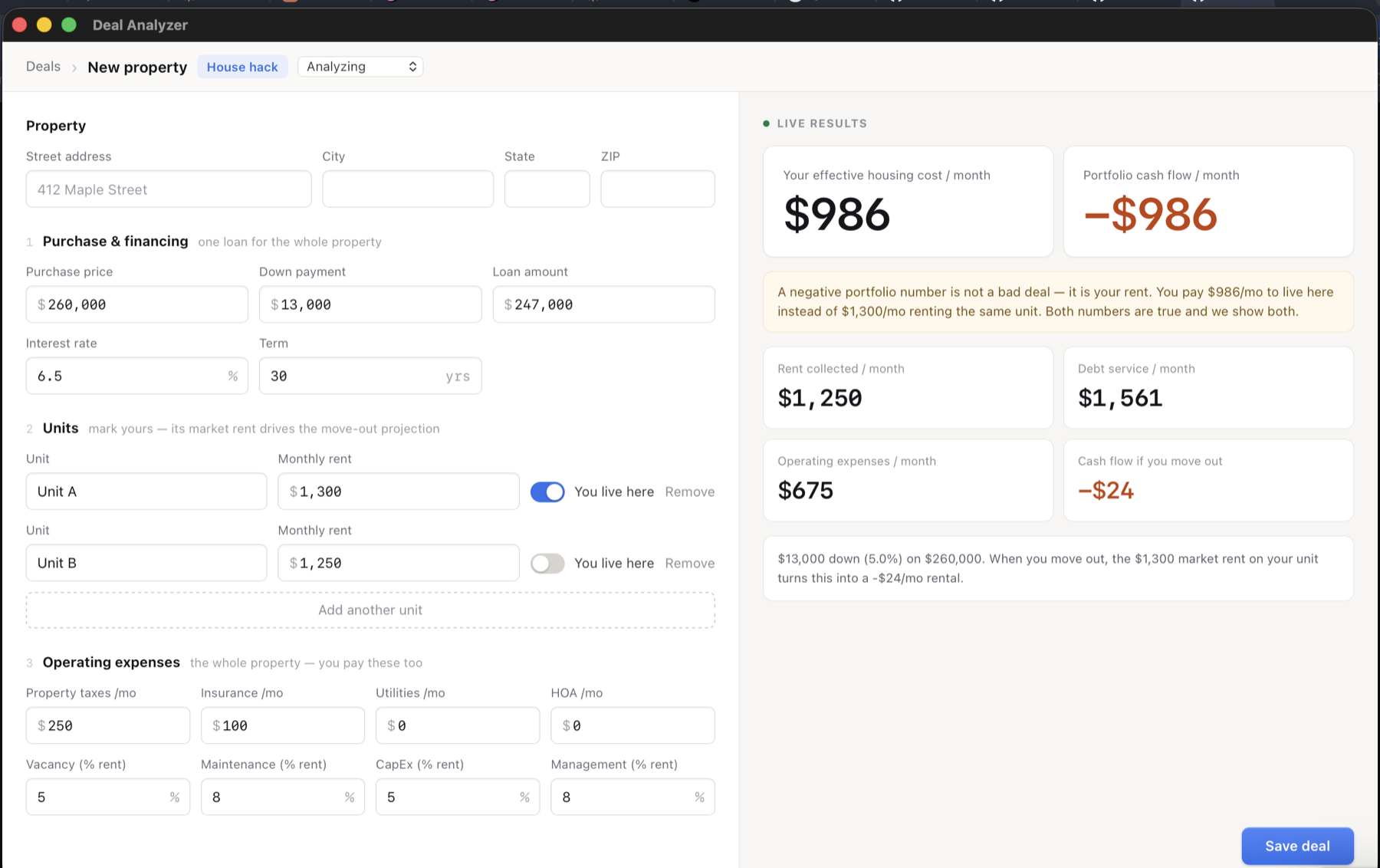 Backsolve analyzing a house hack deal with effective housing cost and portfolio cash flow side by side